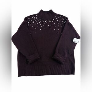 Nine West Women's Dark Purple Turtleneck Sweater with Pearl Details